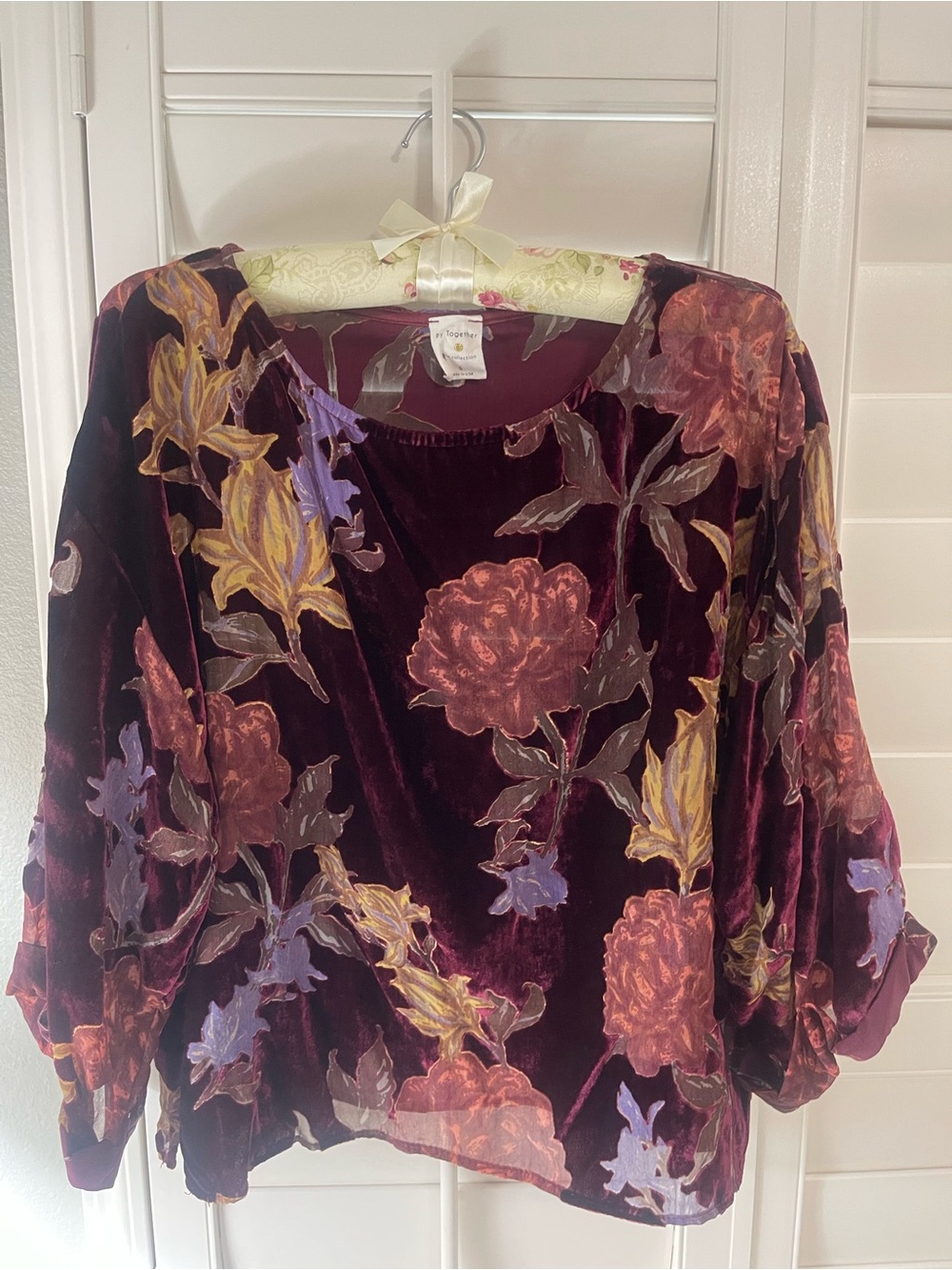 By Together Burgundy Velvet Floral Blouse